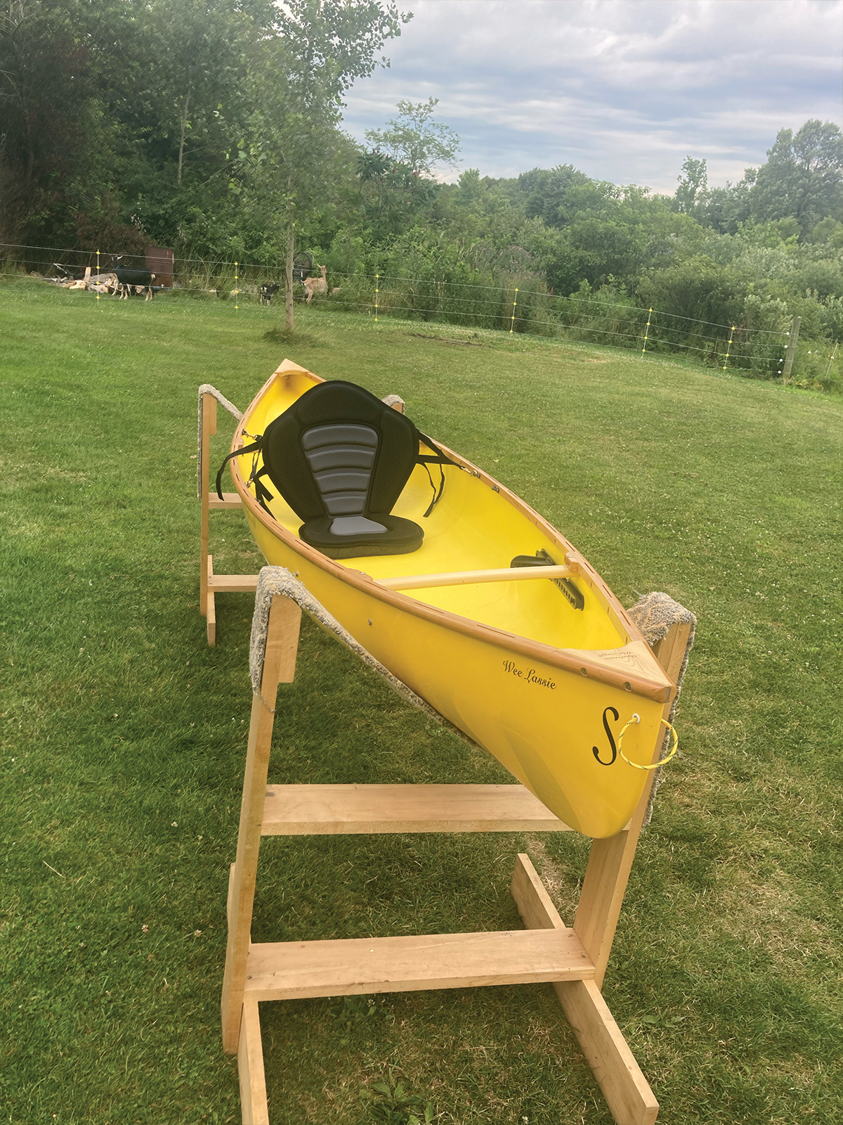 Starboard bow to stern view of the Slipstream Wee Lassie Canoe with hand laminated egg yolk (yellow) hull and cherry Gunwales